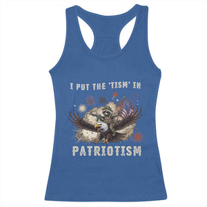 I Put The Tism in Patriotism Racerback Tank Top Retro Eagle Raccoon USA Flag