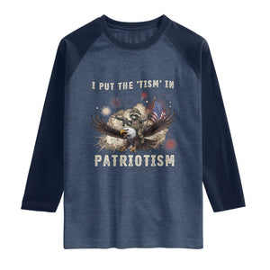I Put The Tism in Patriotism Raglan Shirt Retro Eagle Raccoon USA Flag