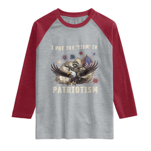 I Put The Tism in Patriotism Raglan Shirt Retro Eagle Raccoon USA Flag