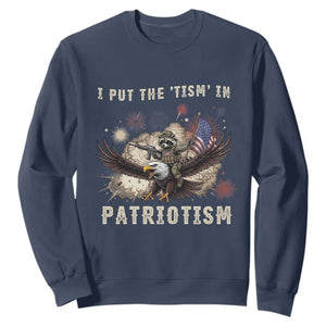 I Put The Tism in Patriotism Sweatshirt Retro Eagle Raccoon USA Flag