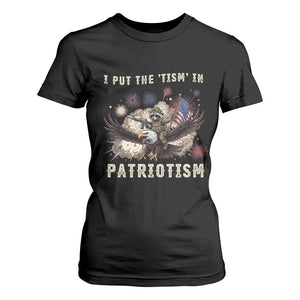 I Put The Tism in Patriotism T Shirt For Women Retro Eagle Raccoon USA Flag