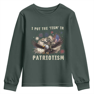 I Put The Tism in Patriotism Youth Sweatshirt Retro Eagle Raccoon USA Flag
