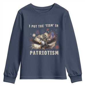 I Put The Tism in Patriotism Youth Sweatshirt Retro Eagle Raccoon USA Flag
