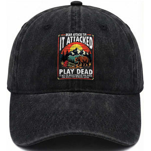 Funny Camping Hiking Sarcastic Washed Cotton Baseball Cap Bear Attack Tip TS14 Washed Cap Universal Fit Black Print Your Wear