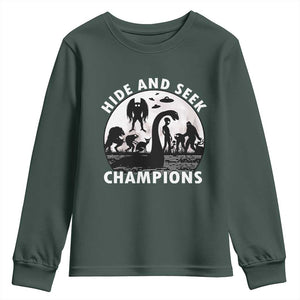 Hide And Seek Champions Youth Sweatshirt Funny Cryptid Cryptozoology TS14 Dark Forest Green Print Your Wear