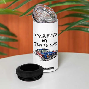 I Survived My Trip to NYC 4 in 1 Can Cooler Tumbler Funny New York City USA Flag Taxi Meme Gift