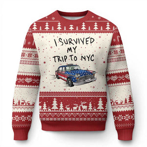 I Survived My Trip to NYC Ugly Christmas Sweater Funny New York City USA Flag Taxi Meme Gift