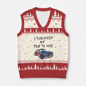 I Survived My Trip to NYC V-Neck Knit Sweater Vest Funny New York City USA Flag Taxi Meme Gift
