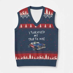 I Survived My Trip to NYC V-Neck Knit Sweater Vest Funny New York City USA Flag Taxi Meme