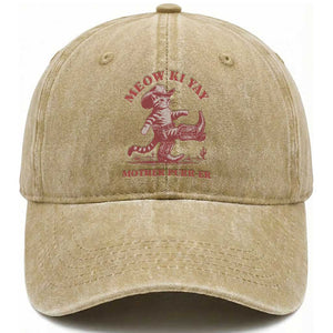 Funny Cowboy Cat Washed Cotton Baseball Cap Western Rodeo Meow Ki Yay Mother Purrer TS14 Washed Cap Universal Fit Khaki Print Your Wear
