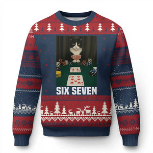 67 Poker Cat Ugly Christmas Sweater Funny Six Seven Meme TS14 Navy Red Print Your Wear