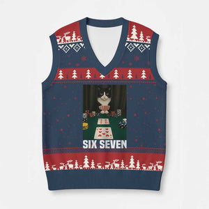 67 Poker Cat V-Neck Knit Sweater Vest Funny Six Seven Meme TS14 Navy Red Print Your Wear