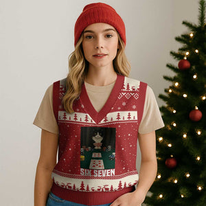 67 Poker Cat V-Neck Knit Sweater Vest Funny Six Seven Meme TS14 Red Beige Print Your Wear