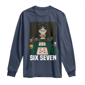 67 Poker Cat Long Sleeve Shirt Funny Six Seven Meme TS14 Navy Print Your Wear