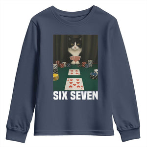 67 Poker Cat Youth Sweatshirt Funny Six Seven Meme TS14 Navy Print Your Wear