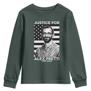 Justices for Alex Pretti Youth Sweatshirt Resist ICE Immigration Deportation Protest Minnesota TS14 Dark Forest Green Print Your Wear