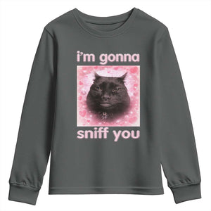 I'm Gonna Sniff You Youth Sweatshirt Funny Black Cat Brainrot Meme TS14 Dark Heather Print Your Wear