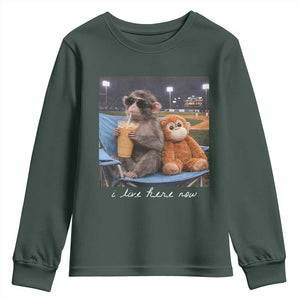 Funny Punch Monkey Baseball Youth Sweatshirt I Live Here Now Ballpark Graphic TS14 Dark Forest Green Print Your Wear