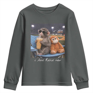 Funny Punch Monkey Baseball Youth Sweatshirt I Live Here Now Ballpark Graphic TS14 Dark Heather Print Your Wear