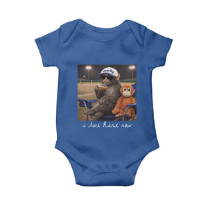 I Live Here Now Punch Monkey Baby Onesie Funny Drinking Iced Coffee Baseball Field TS14 Royal Blue Print Your Wear