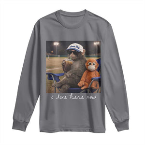 I Live Here Now Punch Monkey Long Sleeve Shirt Funny Drinking Iced Coffee Baseball Field TS14 Charcoal Print Your Wear