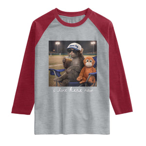 I Live Here Now Punch Monkey Raglan Shirt Funny Drinking Iced Coffee Baseball Field TS14 Heather Gray Heather Red Print Your Wear