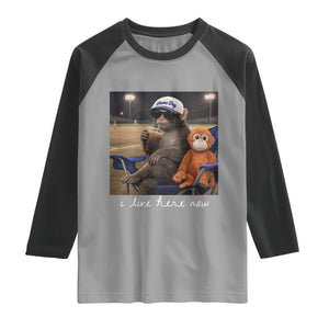 I Live Here Now Punch Monkey Raglan Shirt Funny Drinking Iced Coffee Baseball Field TS14 Sport Gray Black Print Your Wear