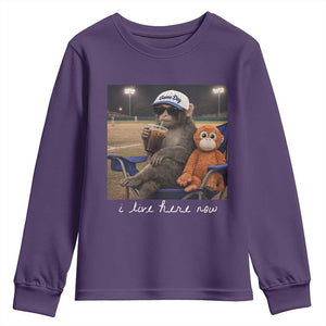 I Live Here Now Punch Monkey Youth Sweatshirt Funny Drinking Iced Coffee Baseball Field TS14 Purple Print Your Wear