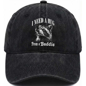 I Need A Hug from A Baddie Washed Cotton Baseball Cap Funny Raccoon Smoking Sarcastic TS14 Print Your Wear