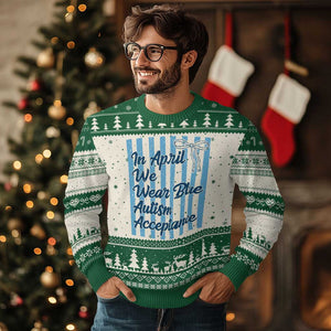 Autism Acceptance Ugly Christmas Sweater In April We Wear Blue Support Neurodivergent TS14 Beige Green Print Your Wear