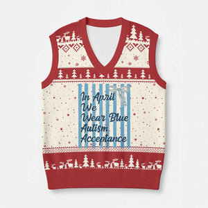 Autism Acceptance V-Neck Knit Sweater Vest In April We Wear Blue Support Neurodivergent TS14 Beige Red Print Your Wear