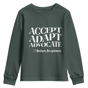 Autism Acceptance Youth Sweatshirt Accept Adapt Advocate TS14 Dark Forest Green Print Your Wear