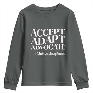 Autism Acceptance Youth Sweatshirt Accept Adapt Advocate TS14 Dark Heather Print Your Wear