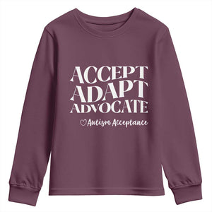 Autism Acceptance Youth Sweatshirt Accept Adapt Advocate TS14 Maroon Print Your Wear
