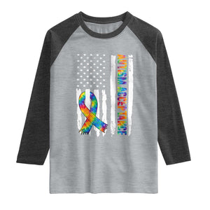 Autism Acceptance Raglan Shirt US Flag Ribbon Support Neurodiversity TS14 Heather Gray Heather Charcoal Print Your Wear