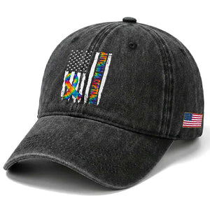Autism Acceptance Washed Cotton Baseball Cap US Flag Ribbon Support Neurodiversity TS14 Print Your Wear