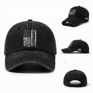 Autism Acceptance Washed Cotton Baseball Cap US Flag Ribbon Support Neurodiversity TS14 Washed Cap Universal Fit Black Print Your Wear