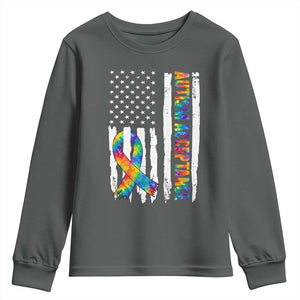 Autism Acceptance Youth Sweatshirt US Flag Ribbon Support Neurodiversity TS14 Dark Heather Print Your Wear