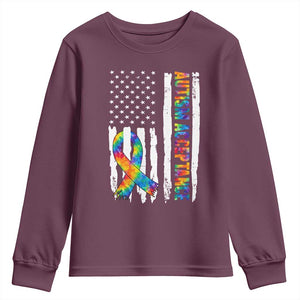 Autism Acceptance Youth Sweatshirt US Flag Ribbon Support Neurodiversity TS14 Maroon Print Your Wear