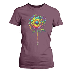 Autism Acceptance T Shirt For Women Accept Understand Love Sunflower Puzzle TS14 Maroon Print Your Wear