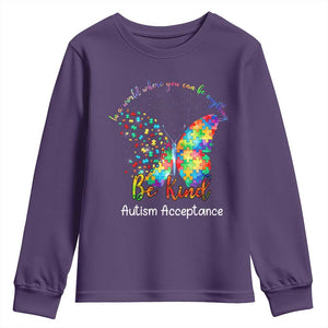 Autism Acceptance Youth Sweatshirt In A World Where You Can Be Anything Be Kind Butterfly Puzzle TS14 Purple Print Your Wear