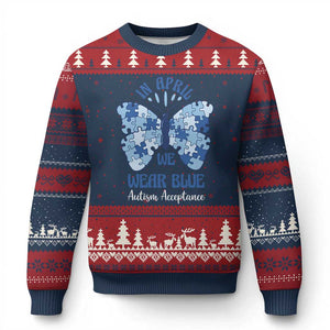 Autism Acceptance Ugly Christmas Sweater In April We Wear Blue Special Education Teacher TS14 Navy Red Print Your Wear