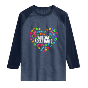 Autism Acceptance Raglan Shirt Love Heart Puzzle Piece Gift TS14 Heather Denim Navy Print Your Wear