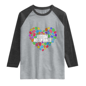 Autism Acceptance Raglan Shirt Love Heart Puzzle Piece Gift TS14 Heather Gray Heather Charcoal Print Your Wear