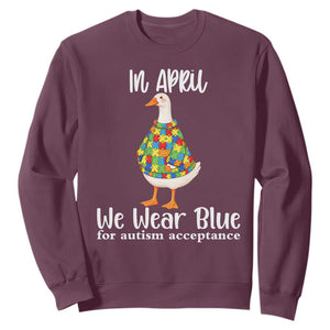 Funny Silly Goose Neurodivergent Support Sweatshirt In April We Wear Blue For Autism Acceptance TS14 Maroon Print Your Wear