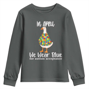 Funny Silly Goose Neurodivergent Support Youth Sweatshirt In April We Wear Blue For Autism Acceptance TS14 Dark Heather Print Your Wear