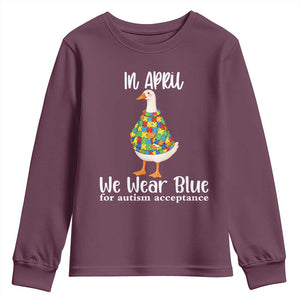 Funny Silly Goose Neurodivergent Support Youth Sweatshirt In April We Wear Blue For Autism Acceptance TS14 Maroon Print Your Wear