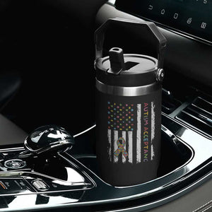 Autism Acceptance Flip Straw Tumbler American Flag Neurodivergent Support Ribbon Puzzle TS14 Print Your Wear