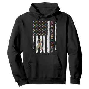 Autism Acceptance Hoodie American Flag Neurodivergent Support Ribbon Puzzle TS14 Black Print Your Wear