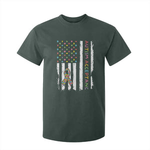 Autism Acceptance T Shirt For Kid American Flag Neurodivergent Support Ribbon Puzzle TS14 Dark Forest Green Print Your Wear